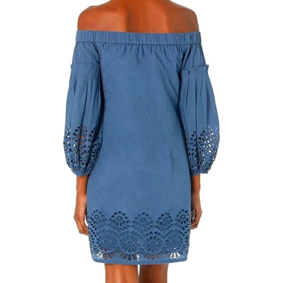 Vince Camino Blue COTTON EYELET OFF THE SHOULDER BALLOON SLEEVE SHIFT DRESS 10 - Picture 3 of 11